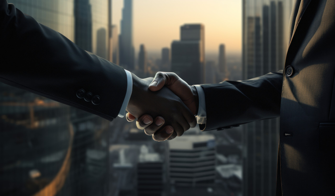 Business partners in suits shaking hands with a building, business meeting photo