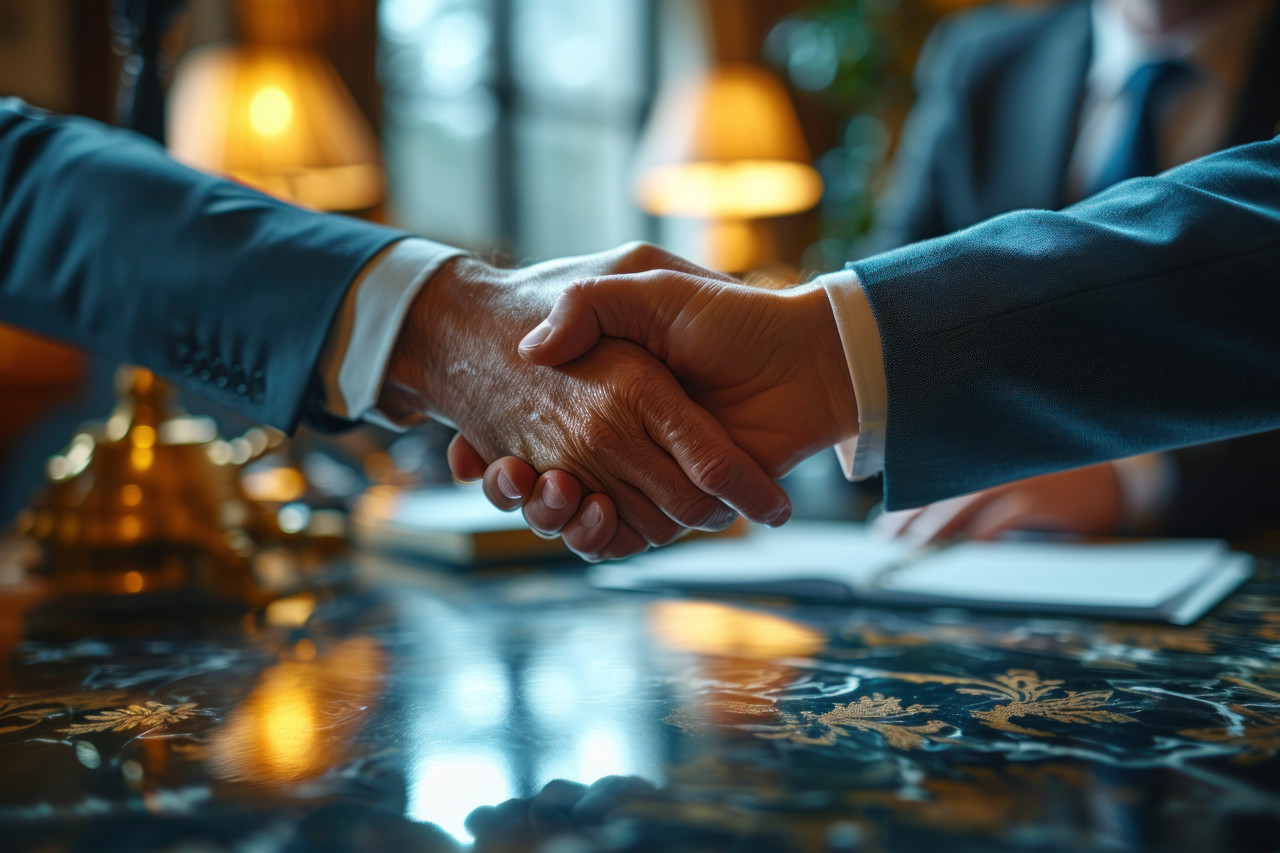 Two professionals celebrate success with a handshake, business meeting photo