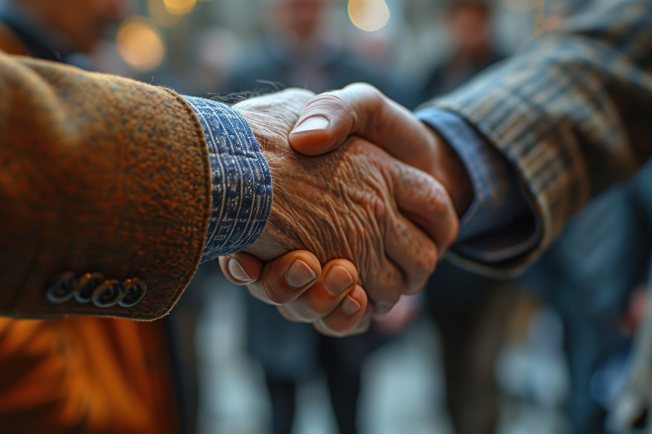 Suits and smiles as men shake hands in the office, business meeting photo
