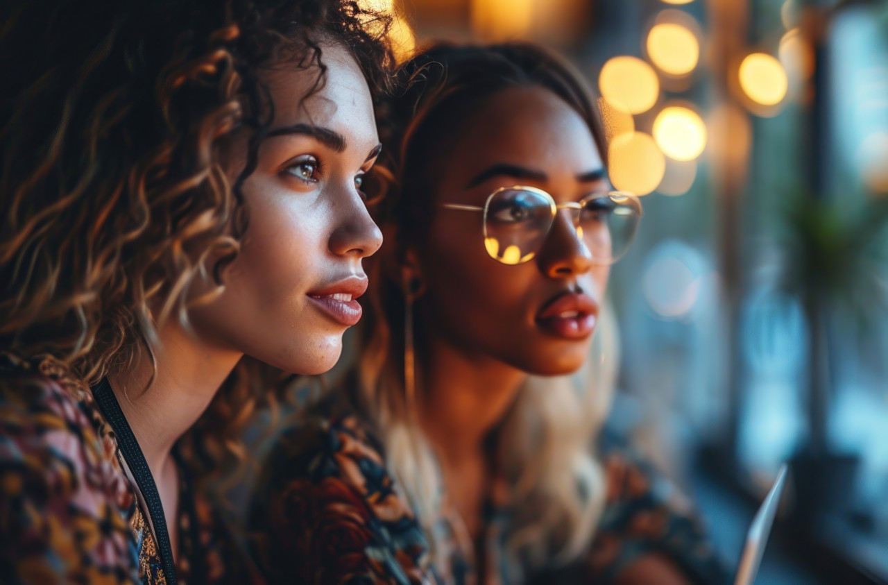 Professional females reviewing information on a laptop screen, business meeting photo