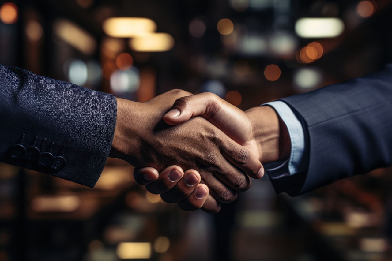 Office professionals exchanging a confident handshake after a productive discussion, business meeting photo