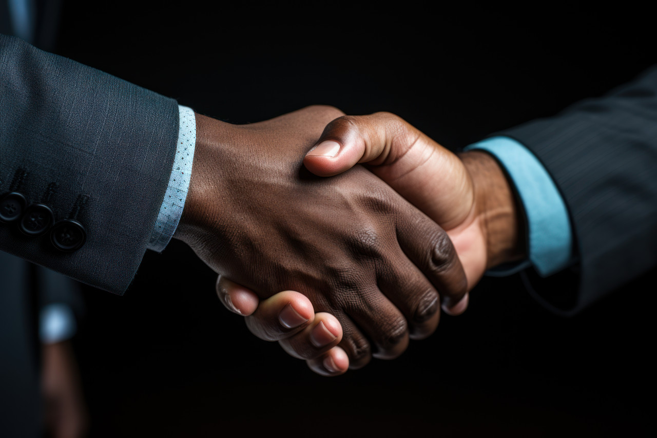 Partners in business celebrating success with a handshake, business meeting photo