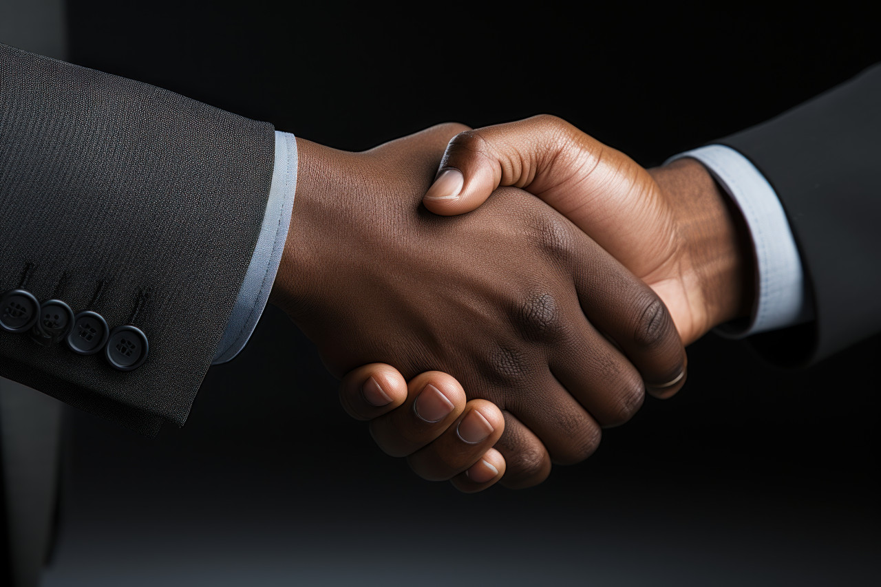 A handshake between two businessmen on a plain black surface, business meeting photo