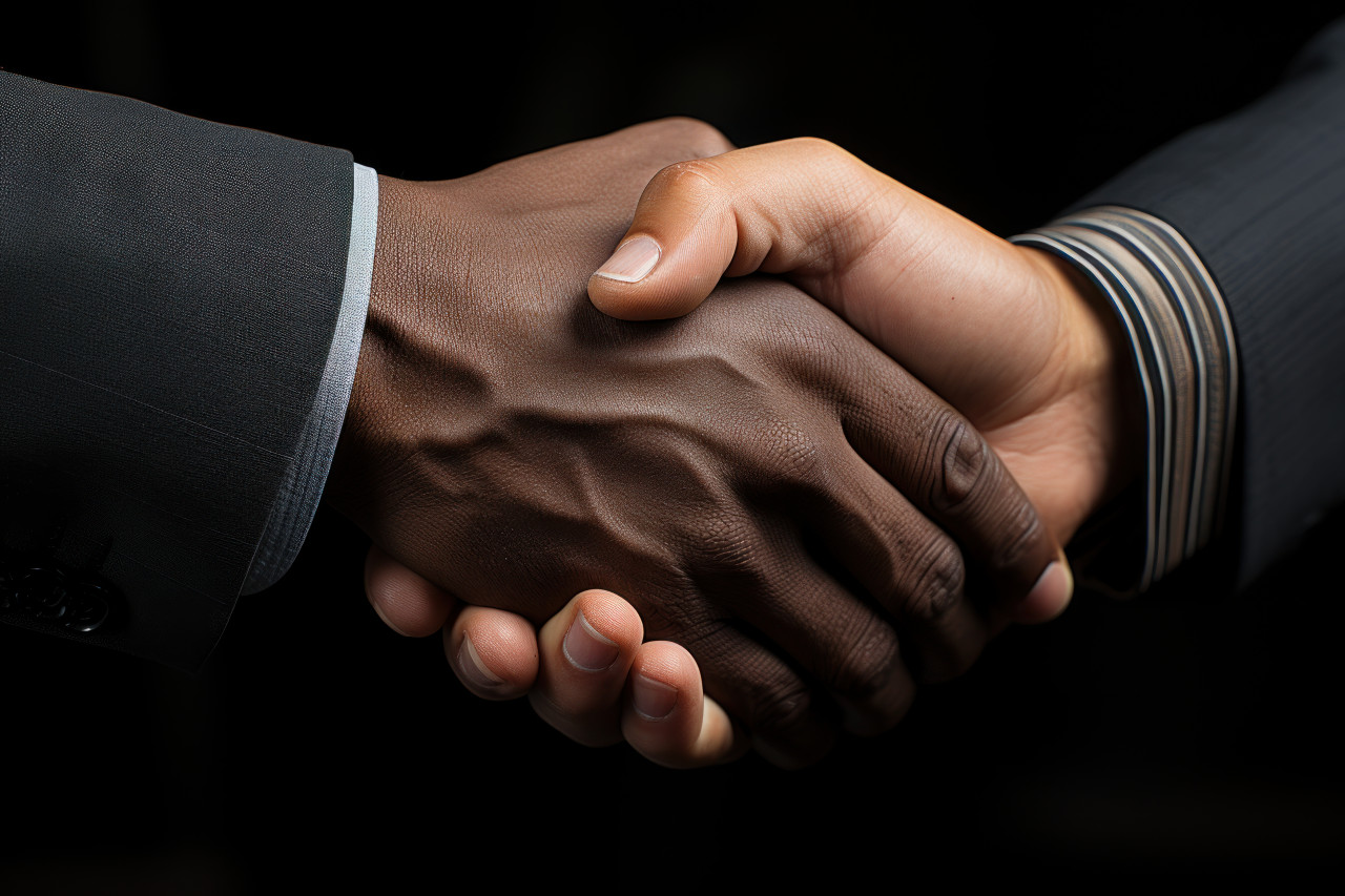 Two men in suits shaking hands on a dark background, business meeting photo