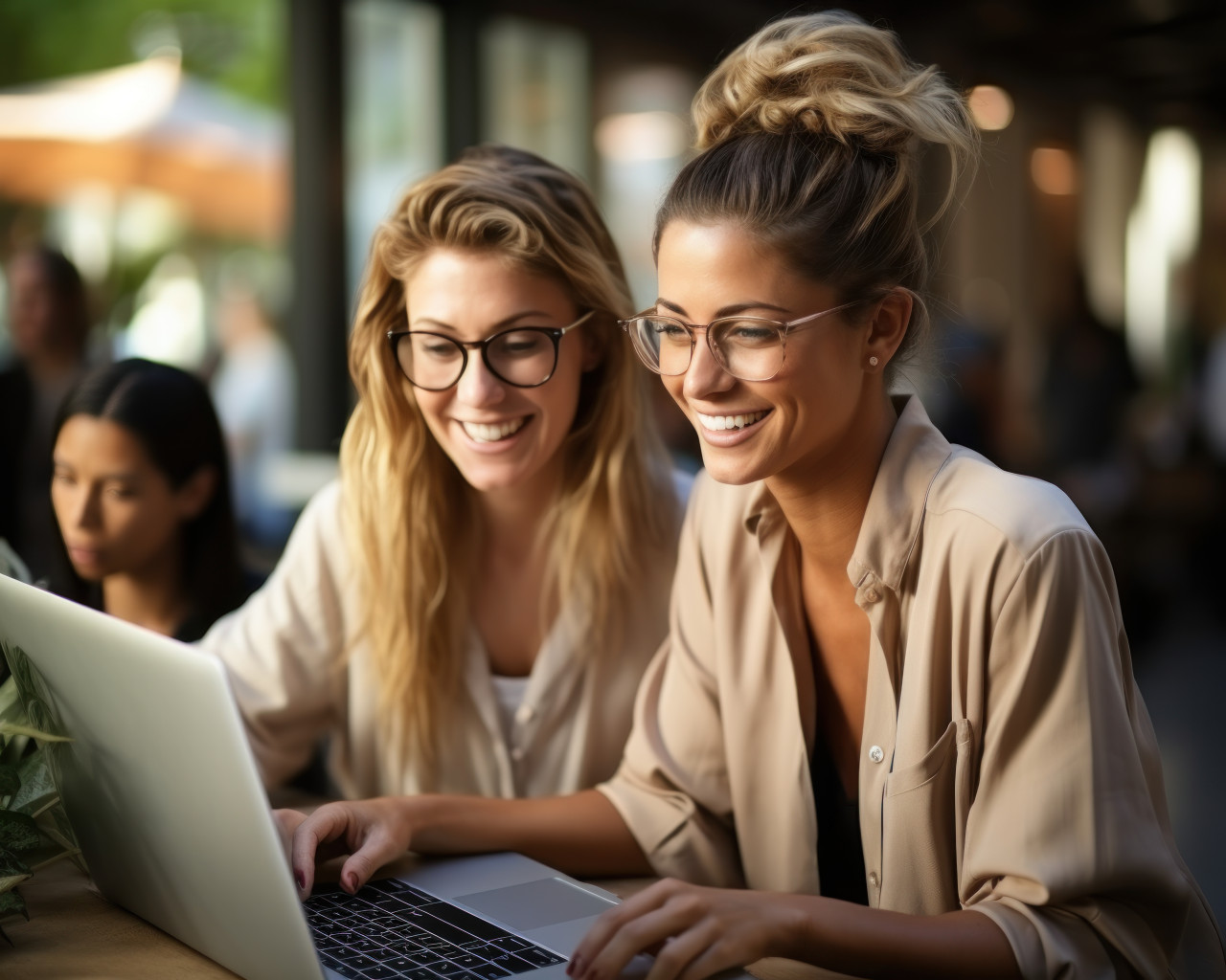 Female business team smiling and engaged in laptop discussion, business meeting image