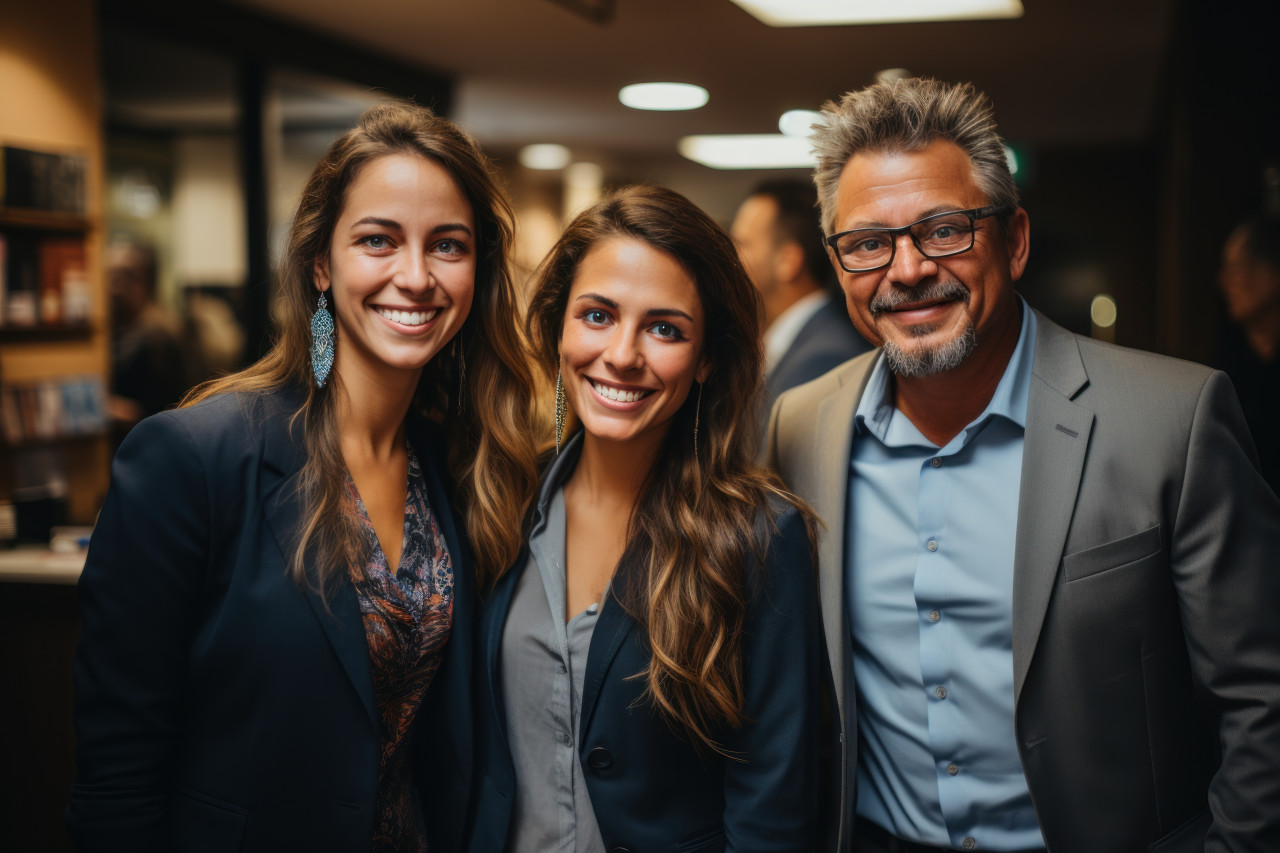 Four professionals in a meeting room focused on a laptop, business meeting image