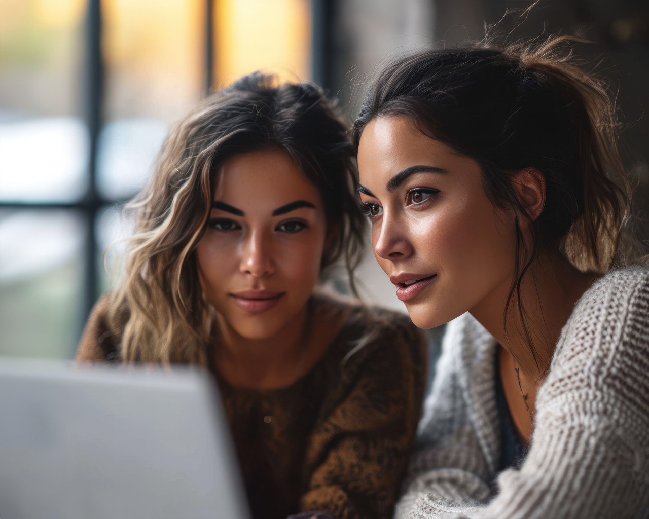 Two women talking near a laptop, business meeting image