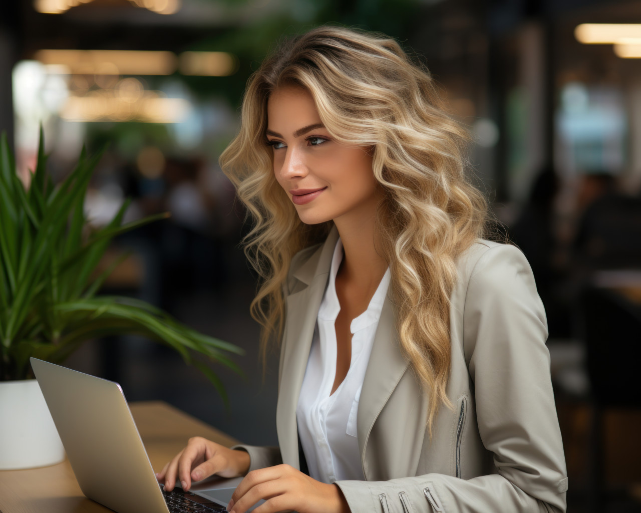 A determined business professional working on a laptop in her workspace, business meeting image