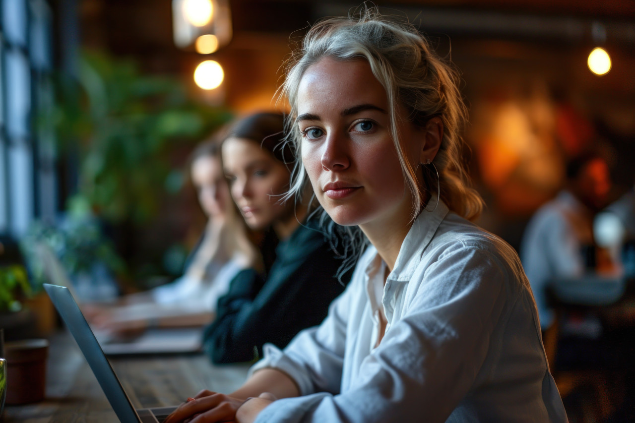 Happy businesswoman with laptop and supportive employees, business meeting image