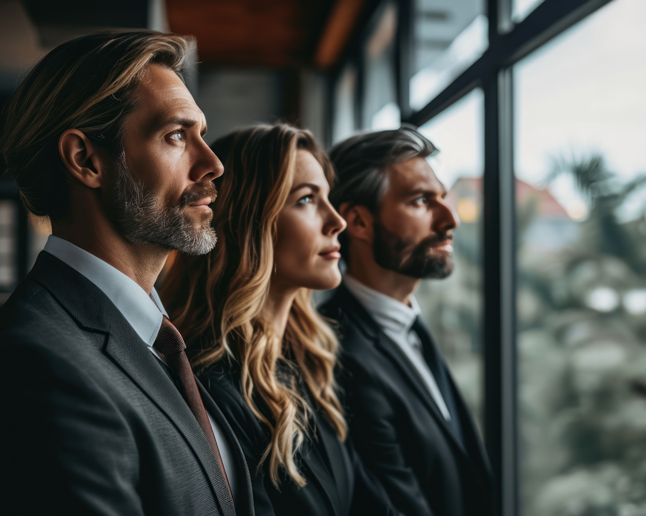 Colleagues in business clothes pose together for a team photo at work, business meeting image