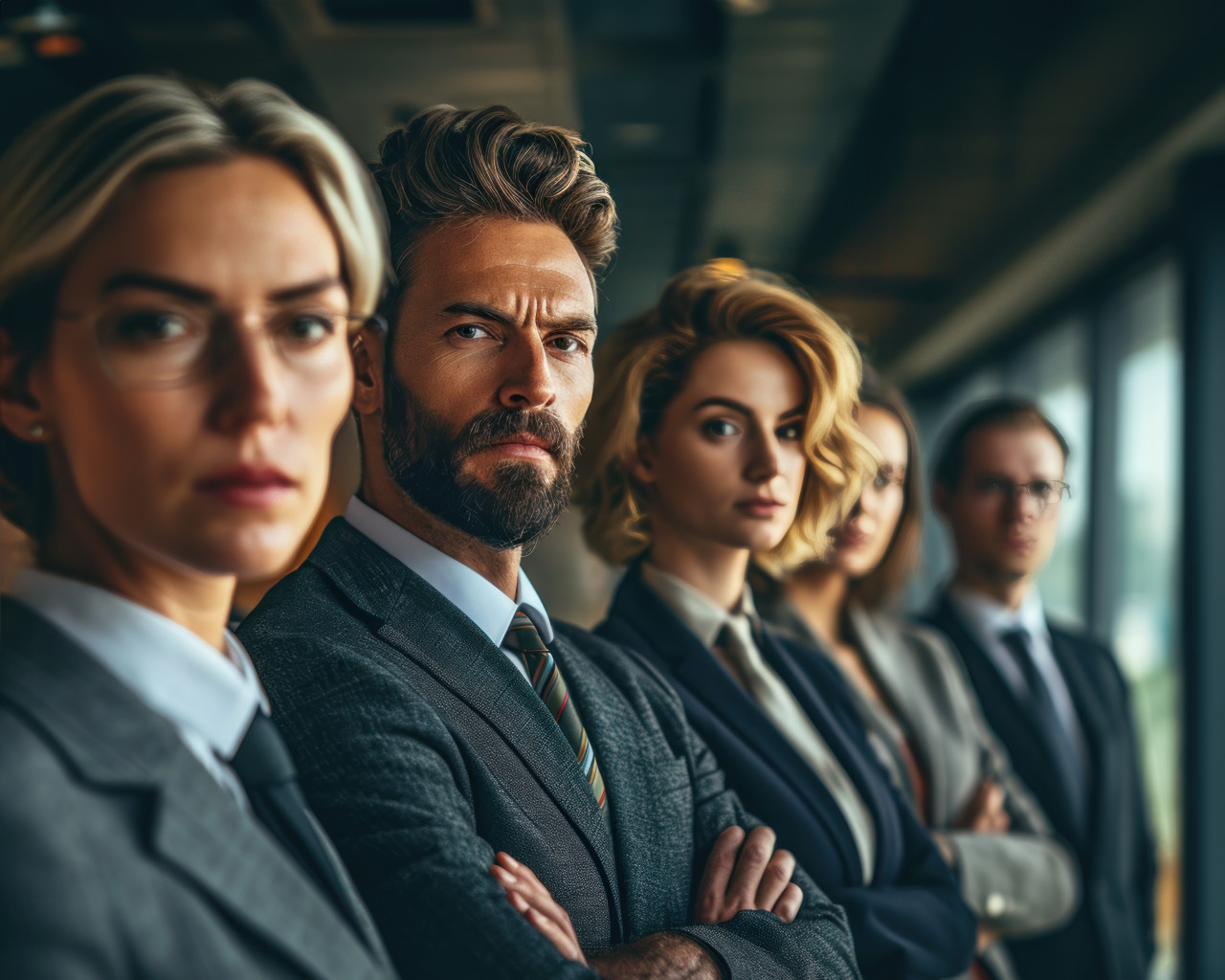 Group of business leaders standing confidently, business meeting image
