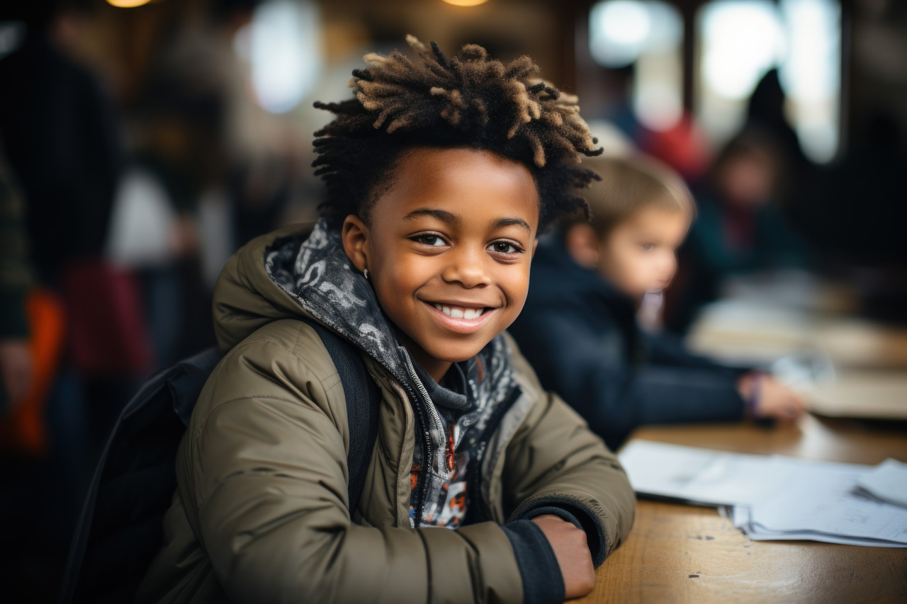 Kid in classroom radiates happiness while seated at desk, diverse education and teachers day image
