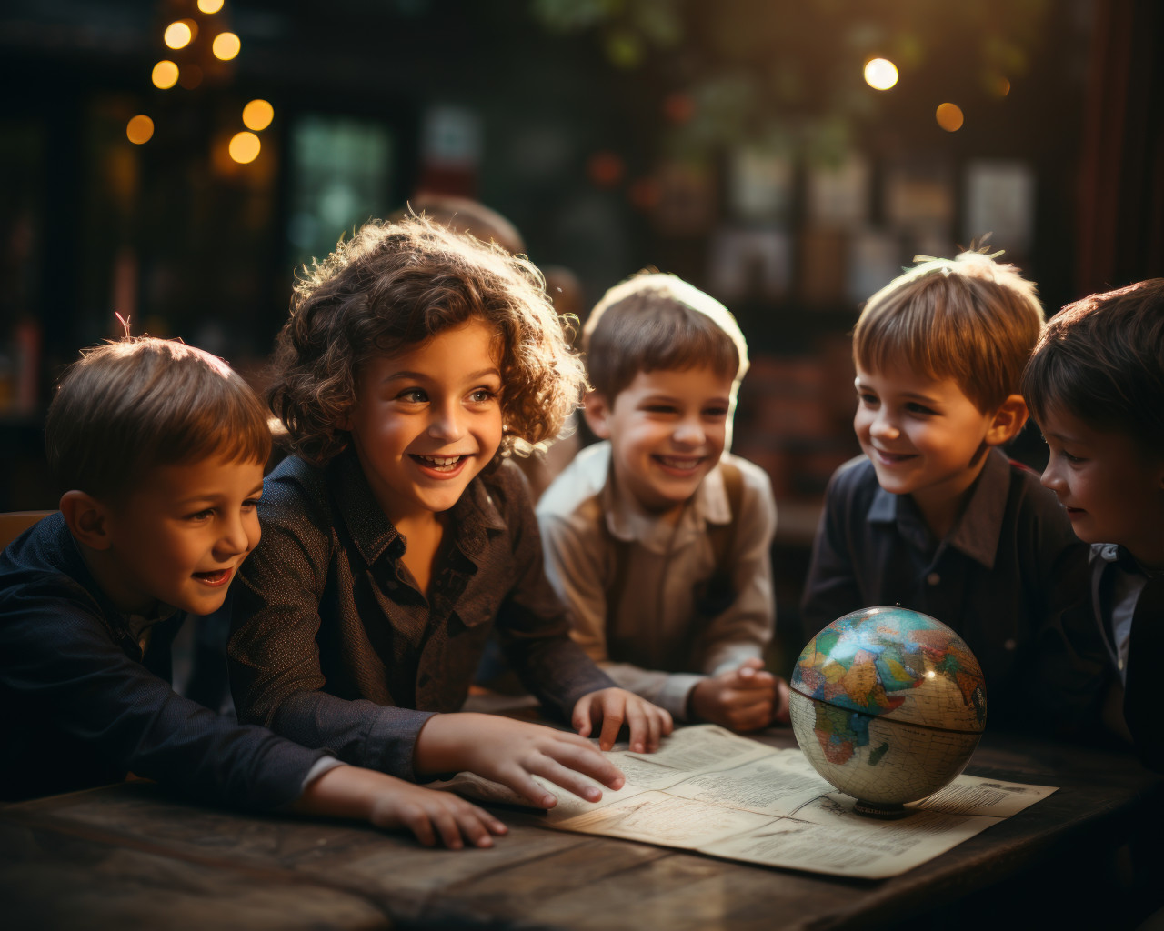 Teacher guides kids in a study session exploring the world together, educational picture