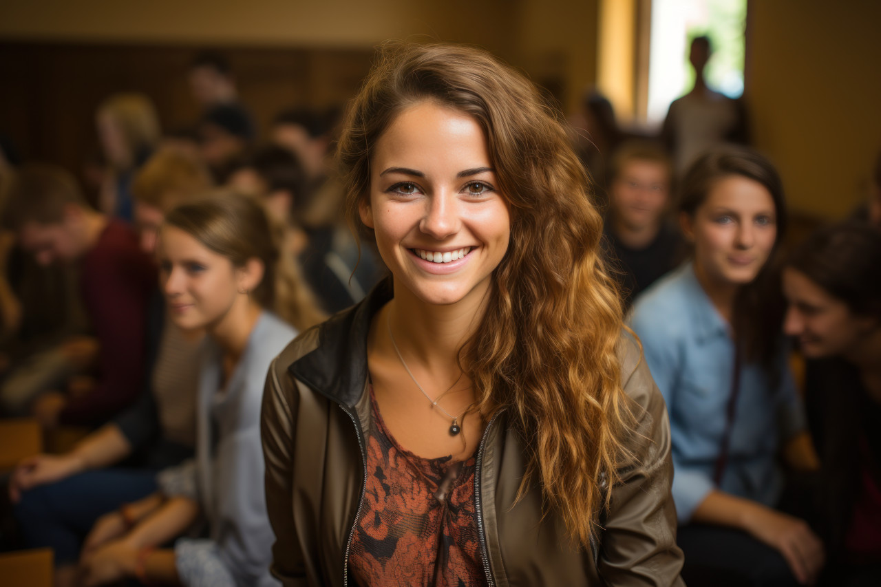 Woman facilitates classroom interaction with students by the blackboard, diverse education and teachers day image