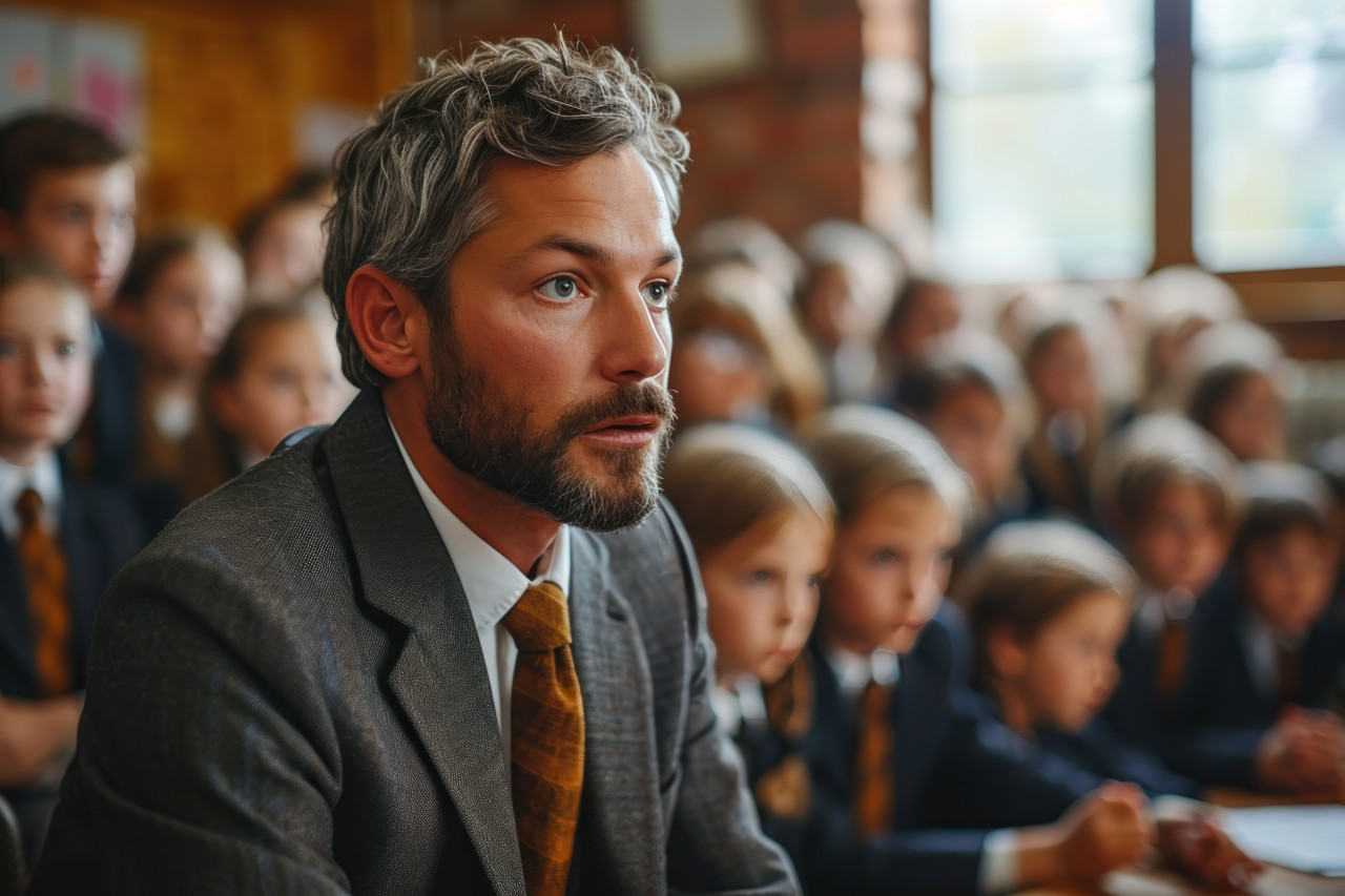 Man in a suit conveys information and engages young minds, diverse education and teachers day image