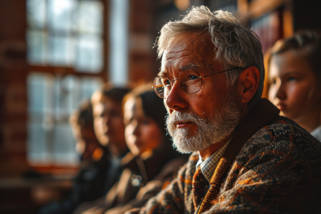 Teacher connects with students in classroom setting, educational photo