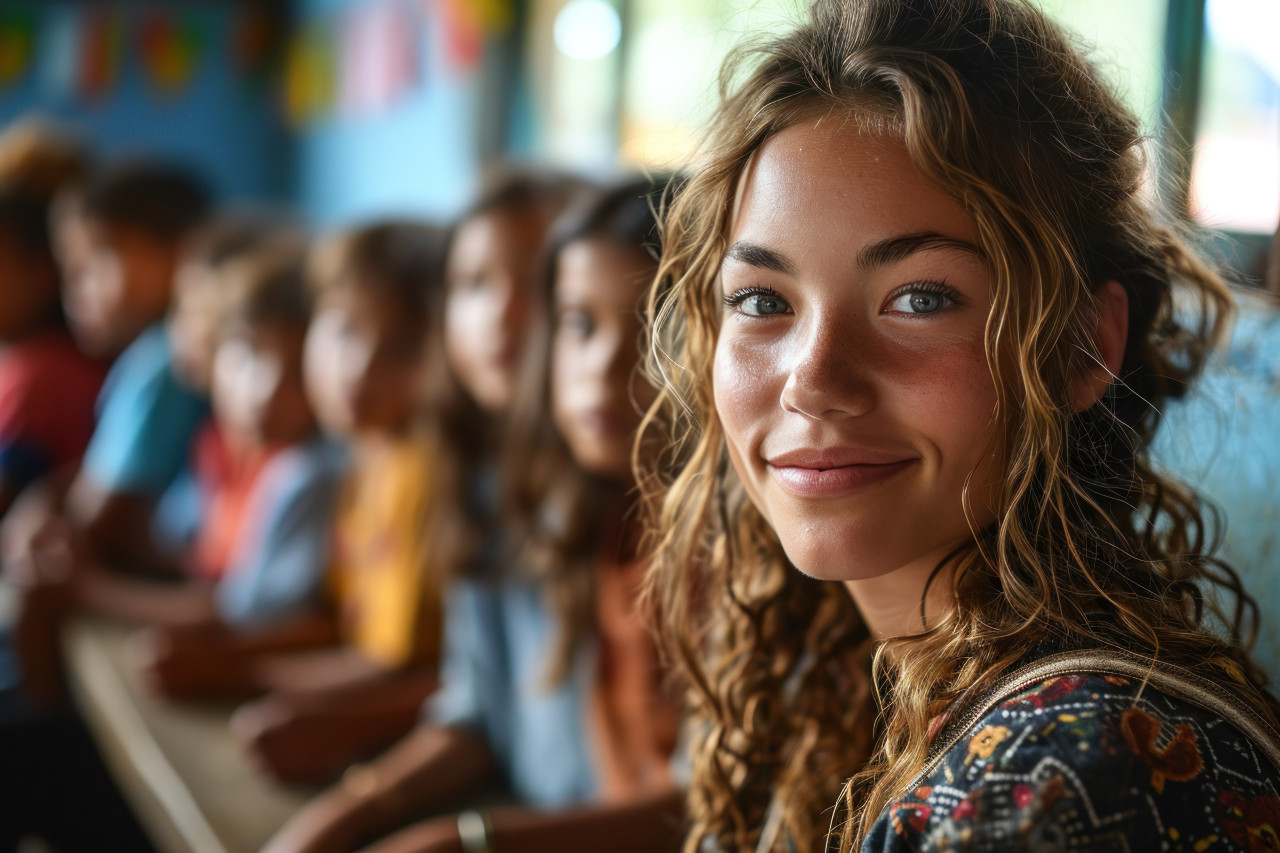 Teacher relaxes on classroom perimeter tuning in to young minds, educational photo