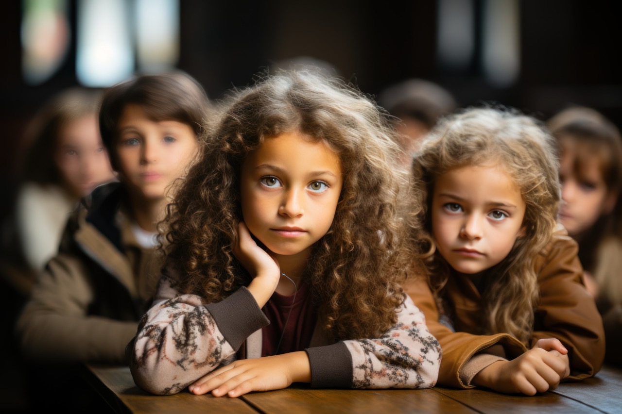 Group of children engaged in classroom studies, educational photo