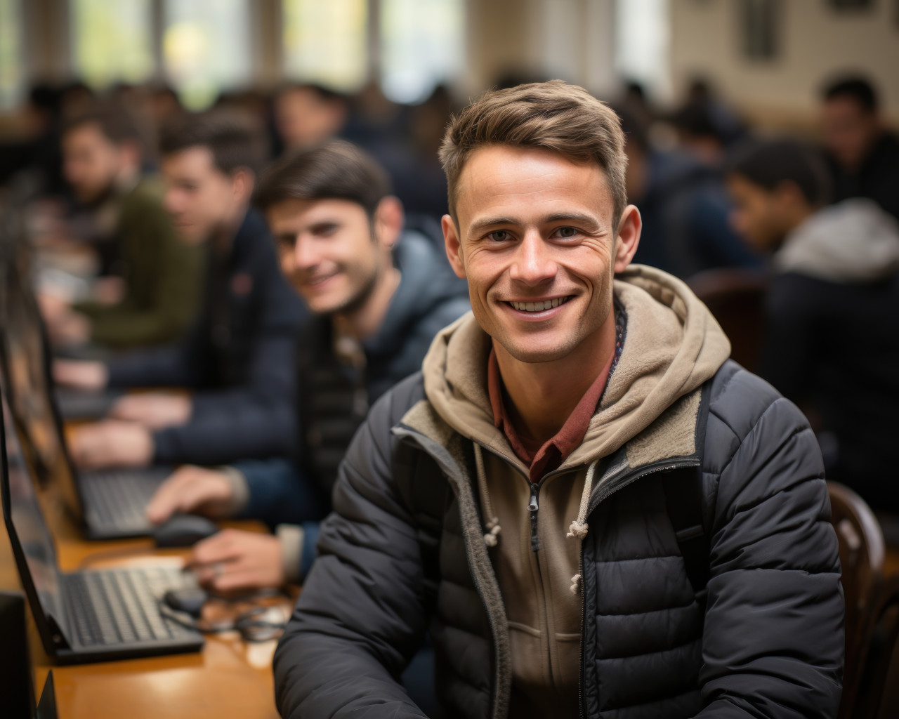 Group of college students and instructor in classroom session, educational photo