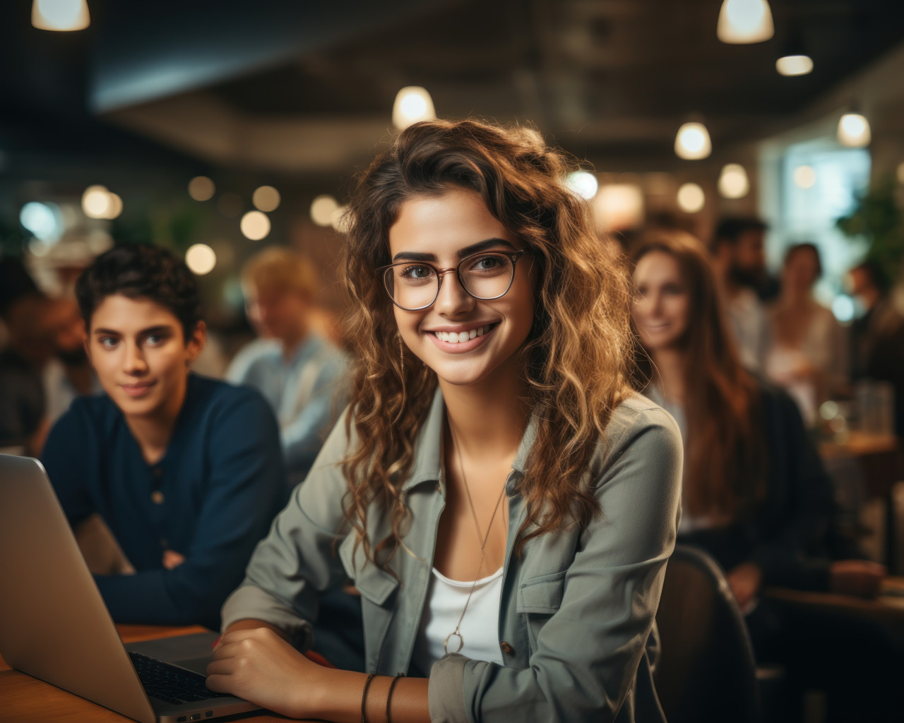 Individuals leaning on a laptop with a speaker in front, diverse education and teachers day image