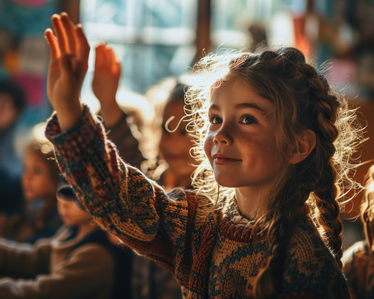 Teacher and children celebrate with raised hands in class, diverse education and teachers day image