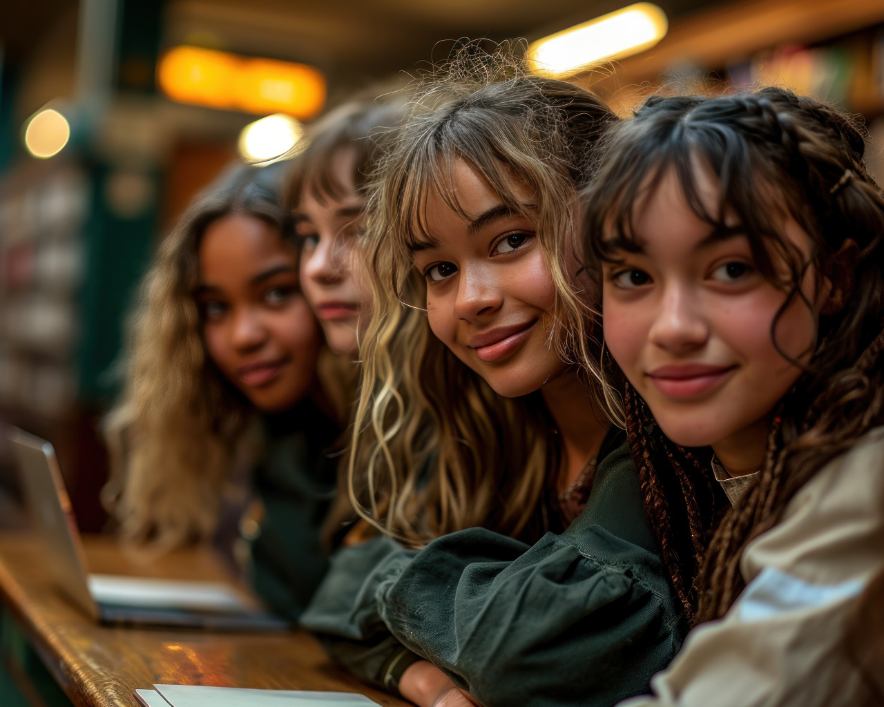 Smiling girls gather around a laptop in the quiet library, diverse education and teachers day image