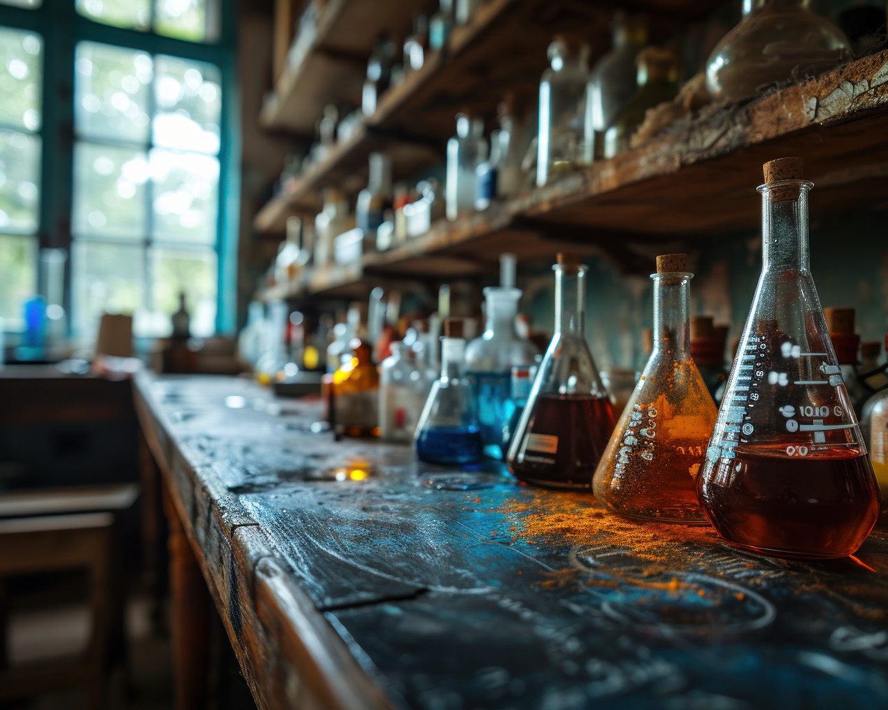 Blackboard featuring chemicals and lab apparatus in detail, educational photo