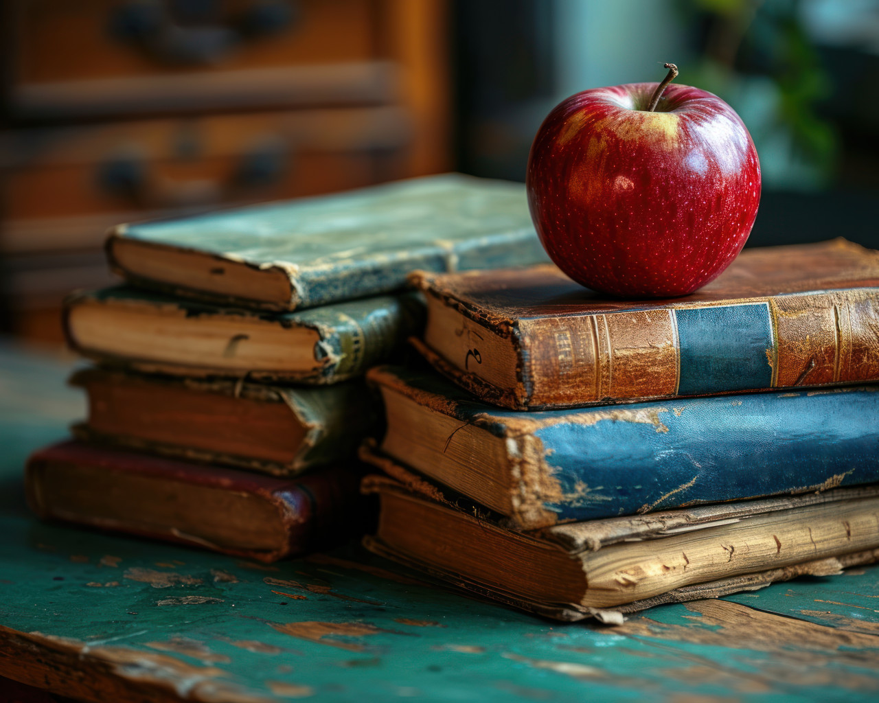 Stacks of books adorned with a red apple on a vibrant green surface, educational picture