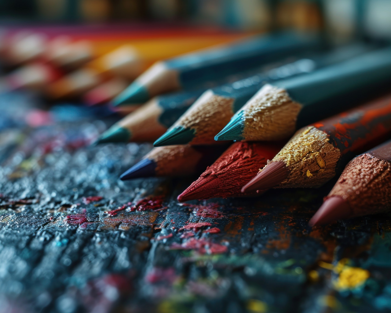 Vibrant markers and pencils arranged by a chalkboard for artistic expression, educational picture
