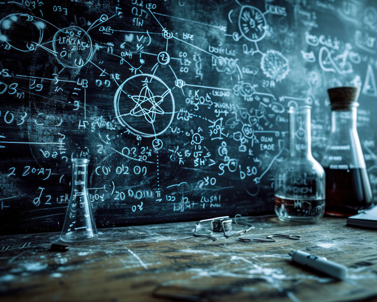 Chalkboard brimming with artistic business notes icons and sketches, educational picture