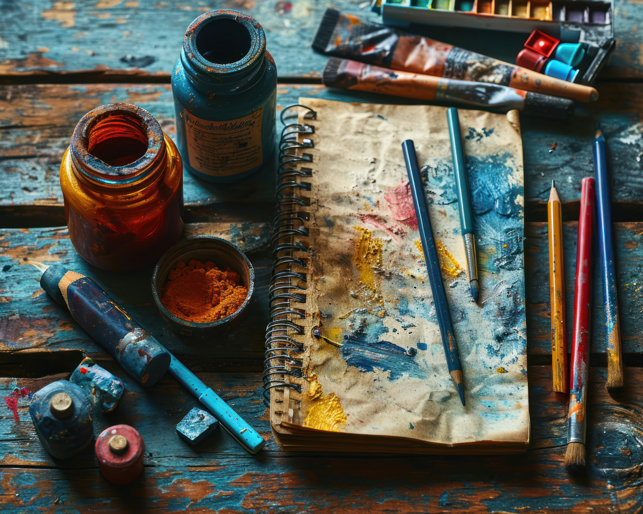 Color pencils and painting supplies on a wooden table, education pictures for website