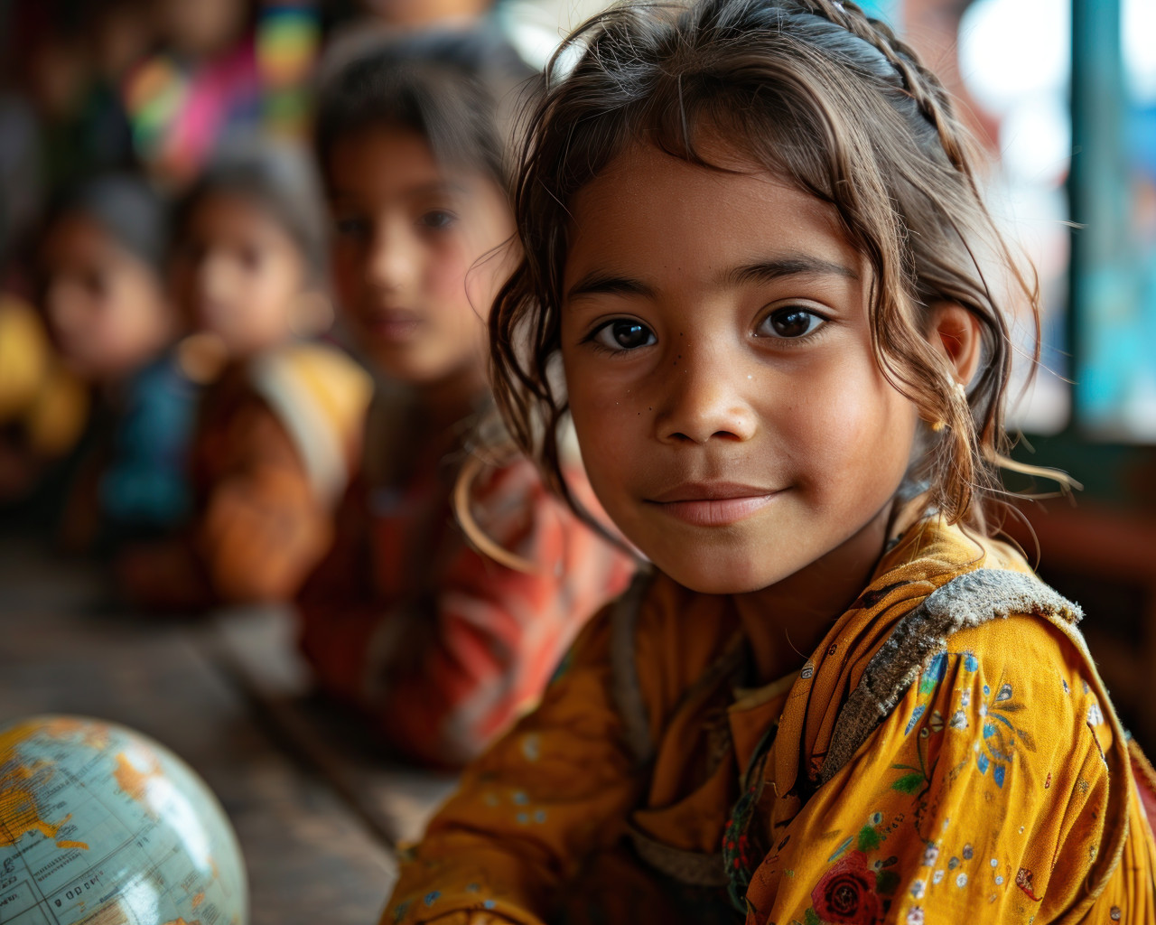 Children in a school fascinated by a globe, education pictures for website