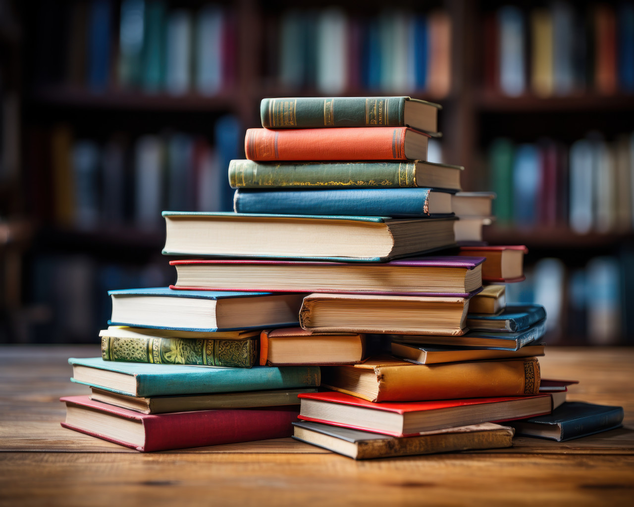 A single book standing tall on a tower of books in the library, educational photo