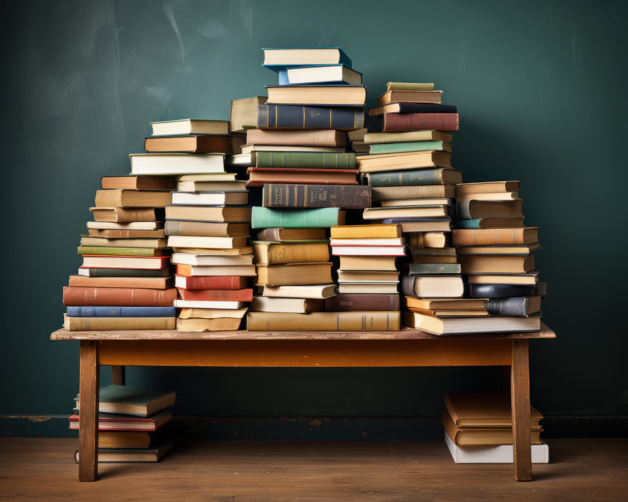 A chalkboard and a pile of books in a classroom setting, educational photo