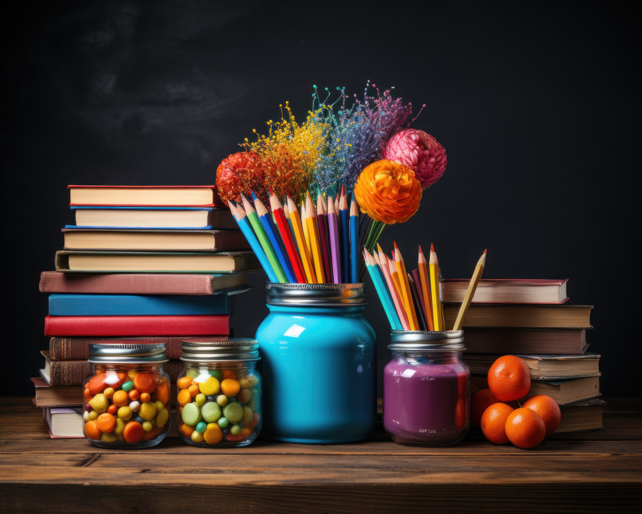 Books pencils and blackboard delight, educational photo