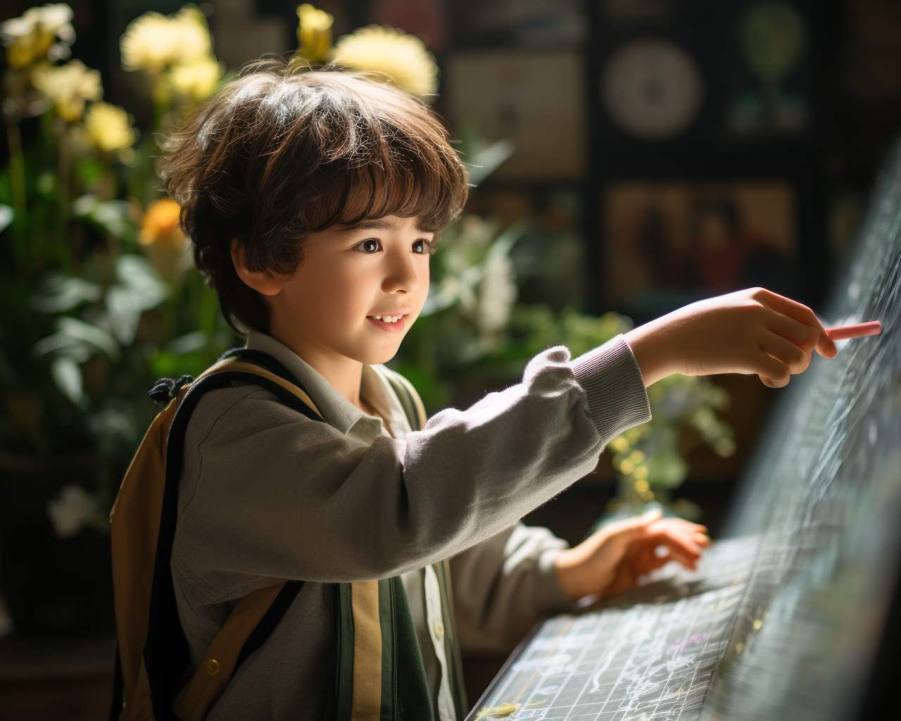 Joyful kid writing on a chalkboard with a smile on his face, educational photo