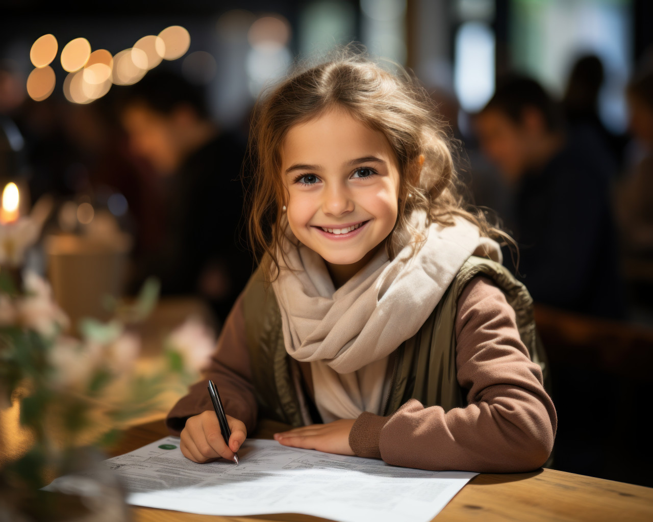 Joyful young girl with crayons creating art on a white sheet of paper, educational photo