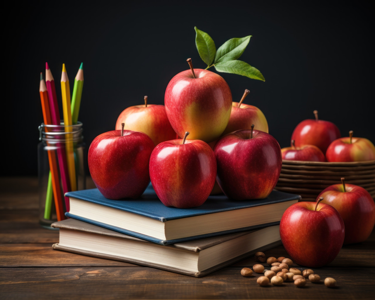 A white book featuring a vibrant red apple and pencils placed in front of a blackboard, educational photo