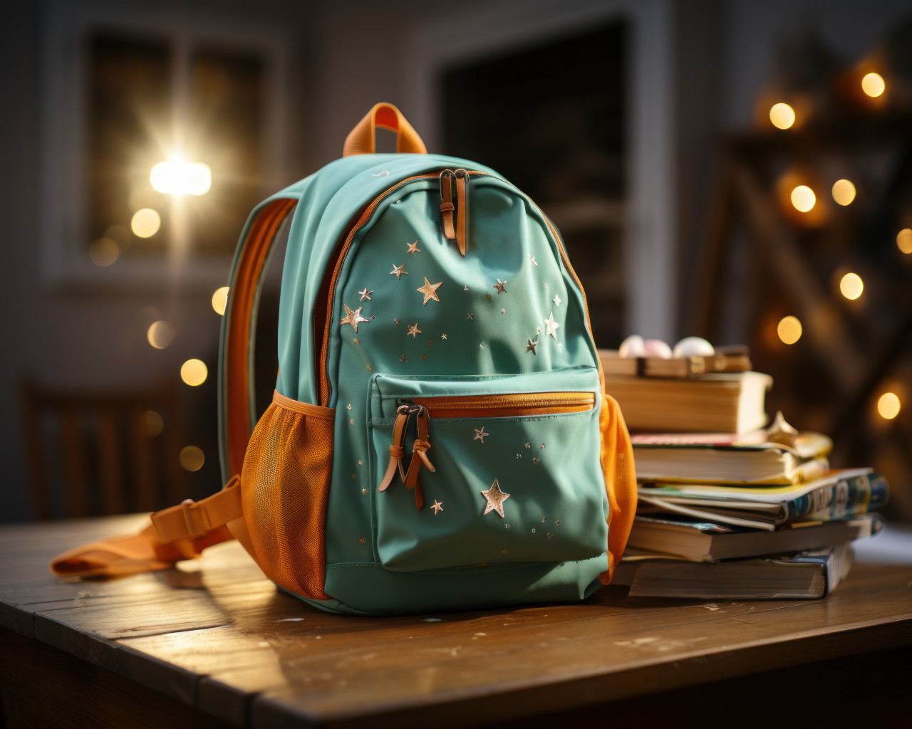 A backpack placed on a wooden table in a classroom illuminated by stars and lights, educational photo