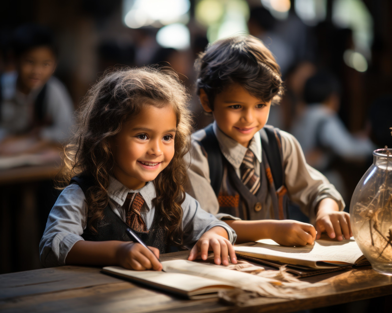Joyful children experimenting with writing using notebooks, educational photo