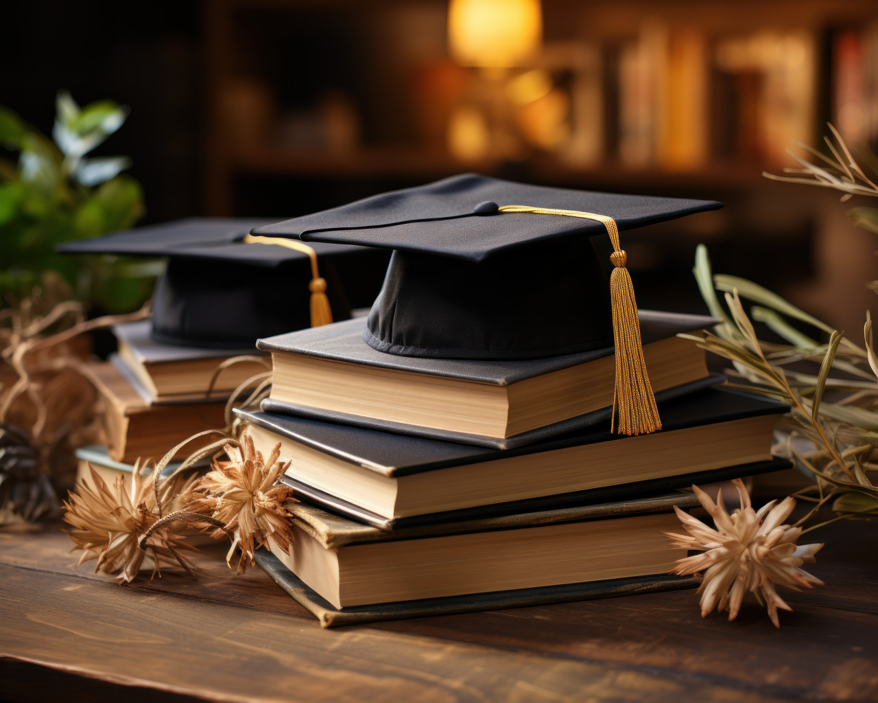 A graduation cap crowning a stack of books, educational photo