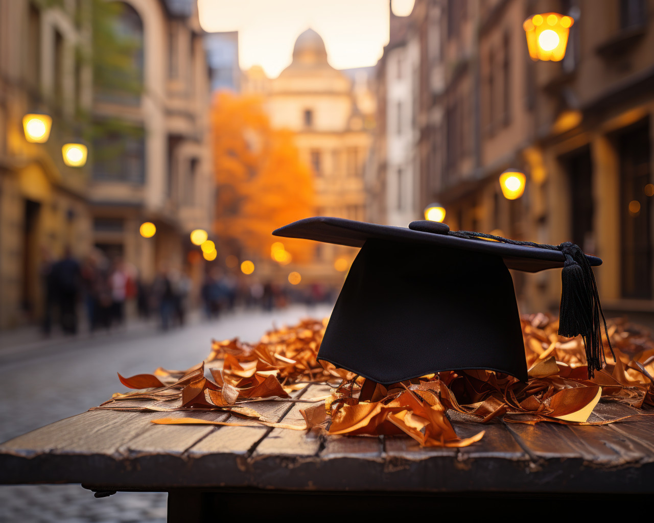 A graduation cap left on a table in the middle of an empty city street, educational photo