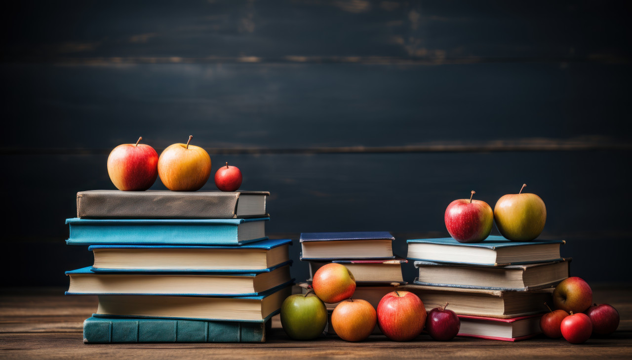 Colorful books stacked neatly on a table with a chalkboard in the background, educational photo