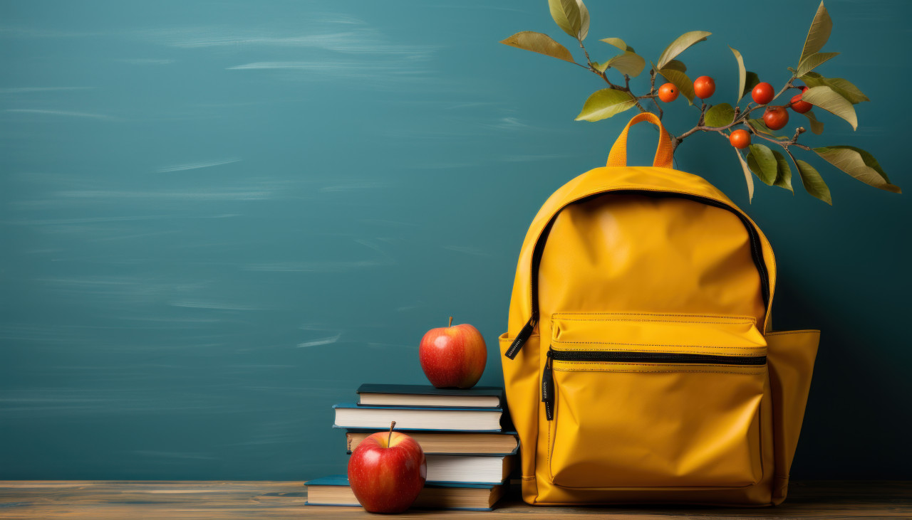 A cheerful yellow backpack and a fresh apple on a vibrant blue background with books, educational picture
