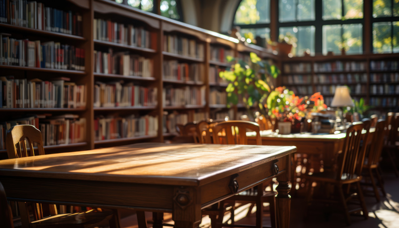 Sunlit school library with books neatly arranged on the middle shelf, educational picture