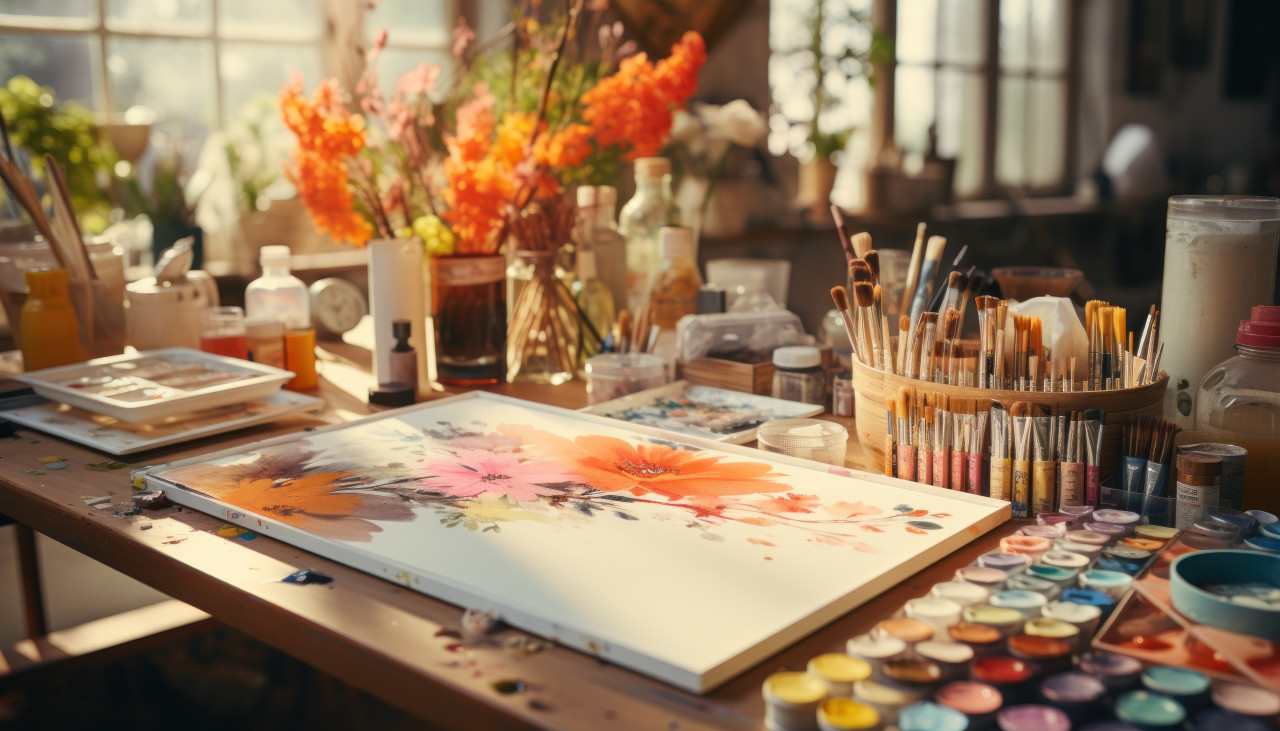 A colorful studio filled with art supplies palettes and brushes for creative minds, educational picture
