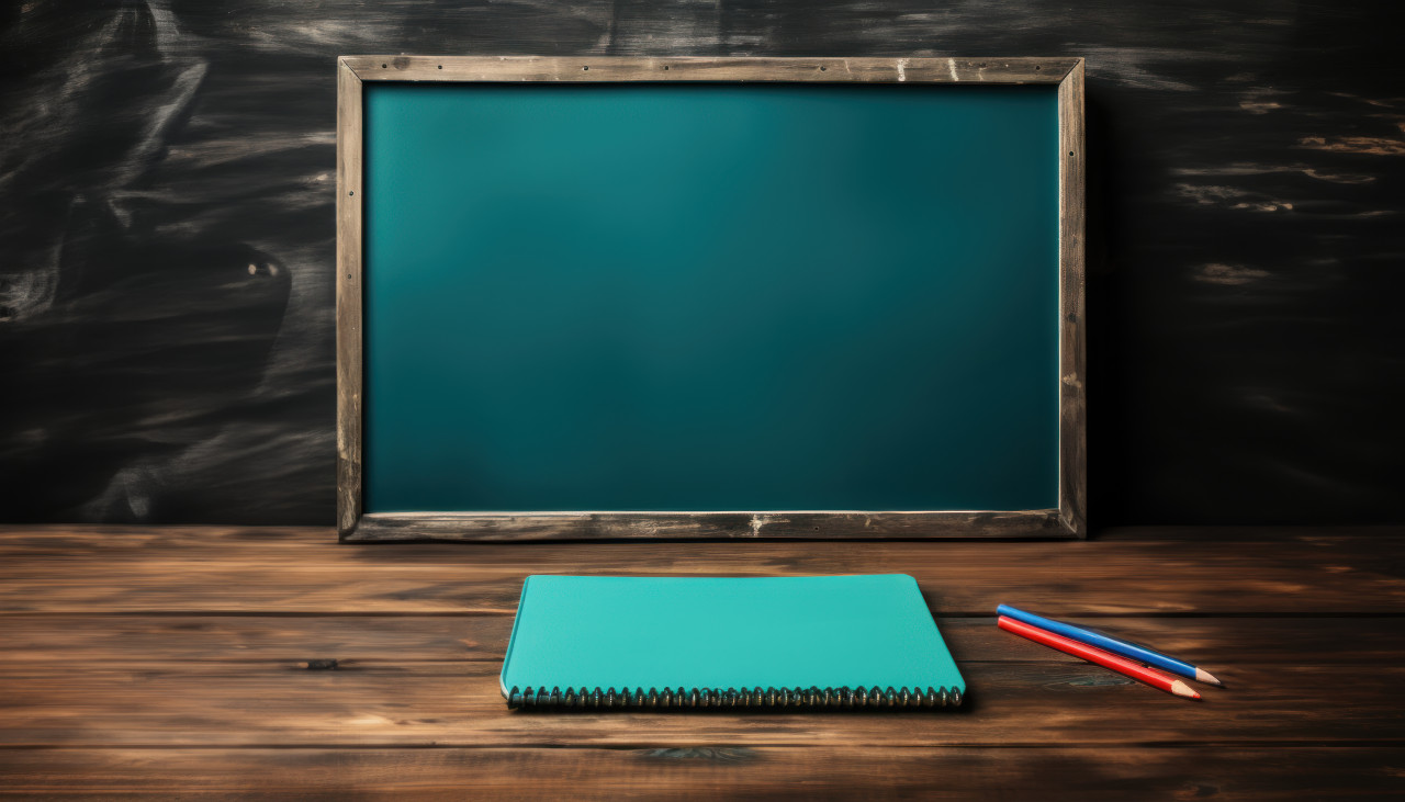 Blackboard and notebook setup, diverse education and teachers day image
