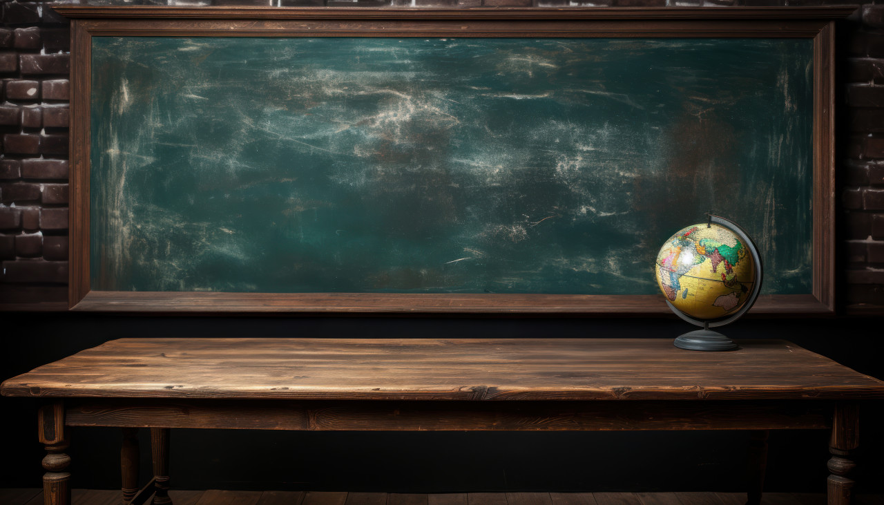 Big frame on table against wood background, diverse education and teachers day image