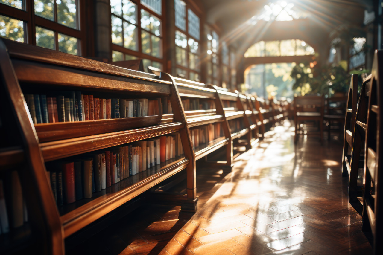 A never ending collection of books in a sunlit library corridor, diverse education and teachers day image