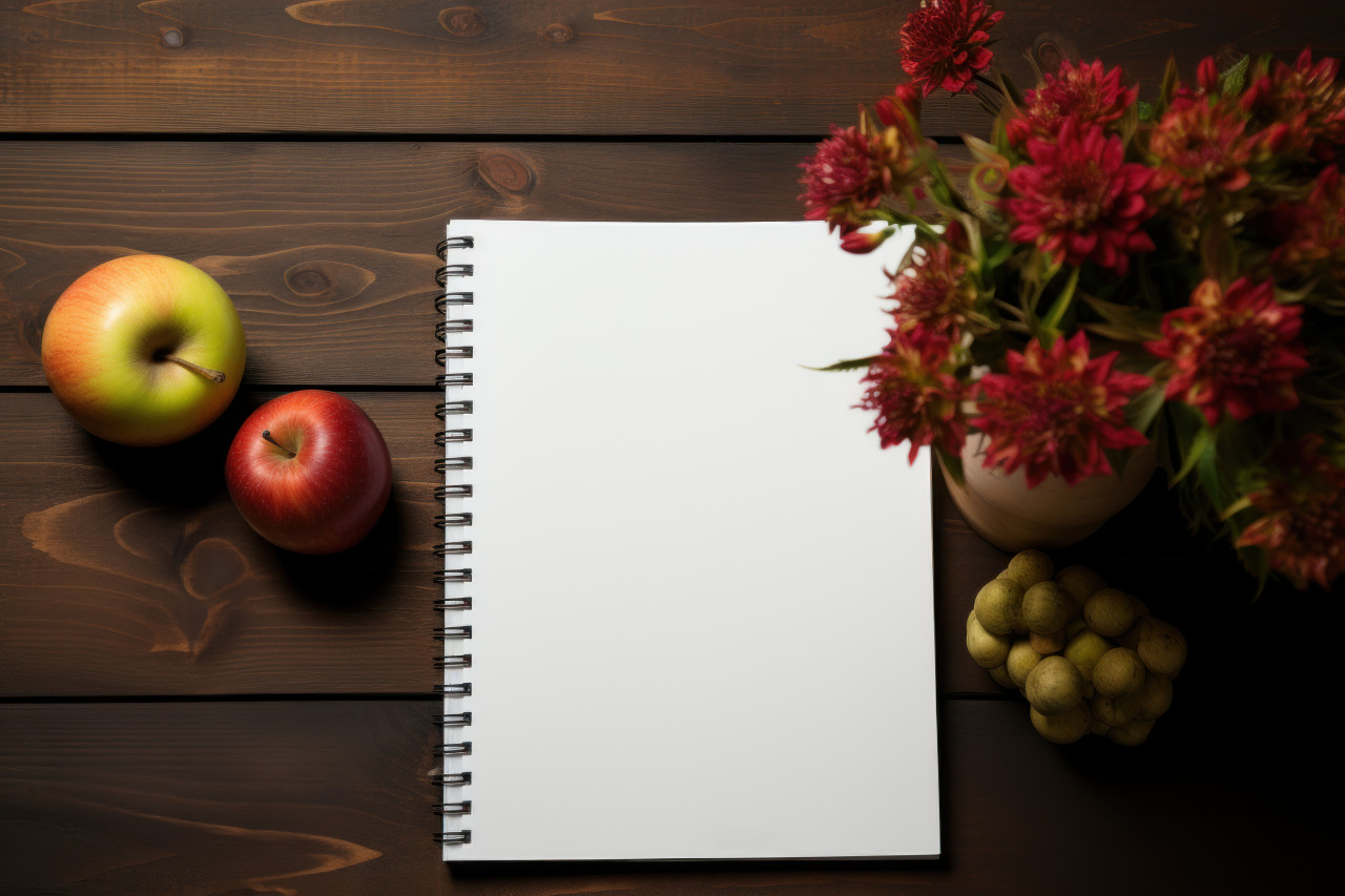 A cozy scene of a notebook apples and clipper cards on a wooden table, education pictures for website